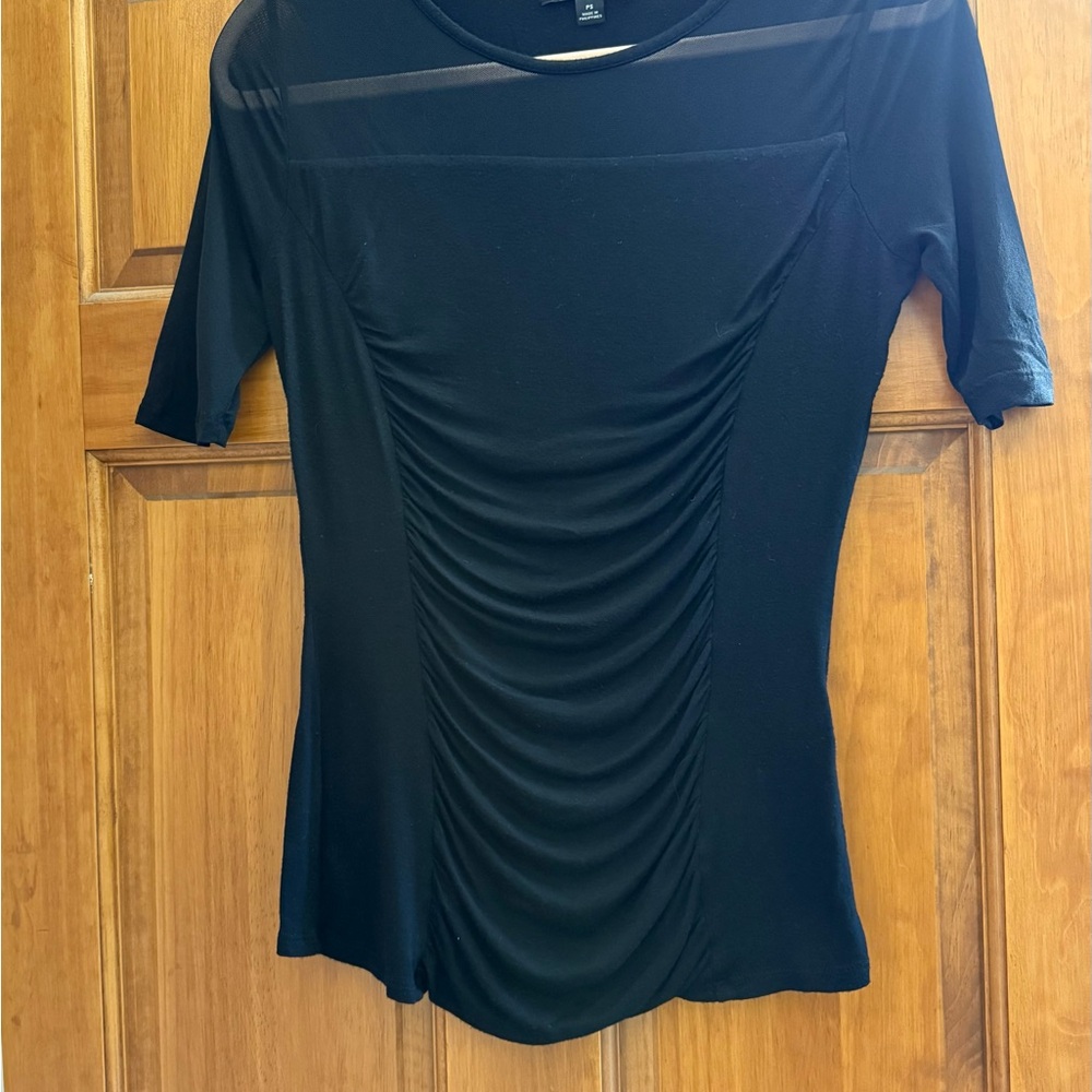 INC International Concepts Black Ruched Top w/sheer detail on sleeves/neckline